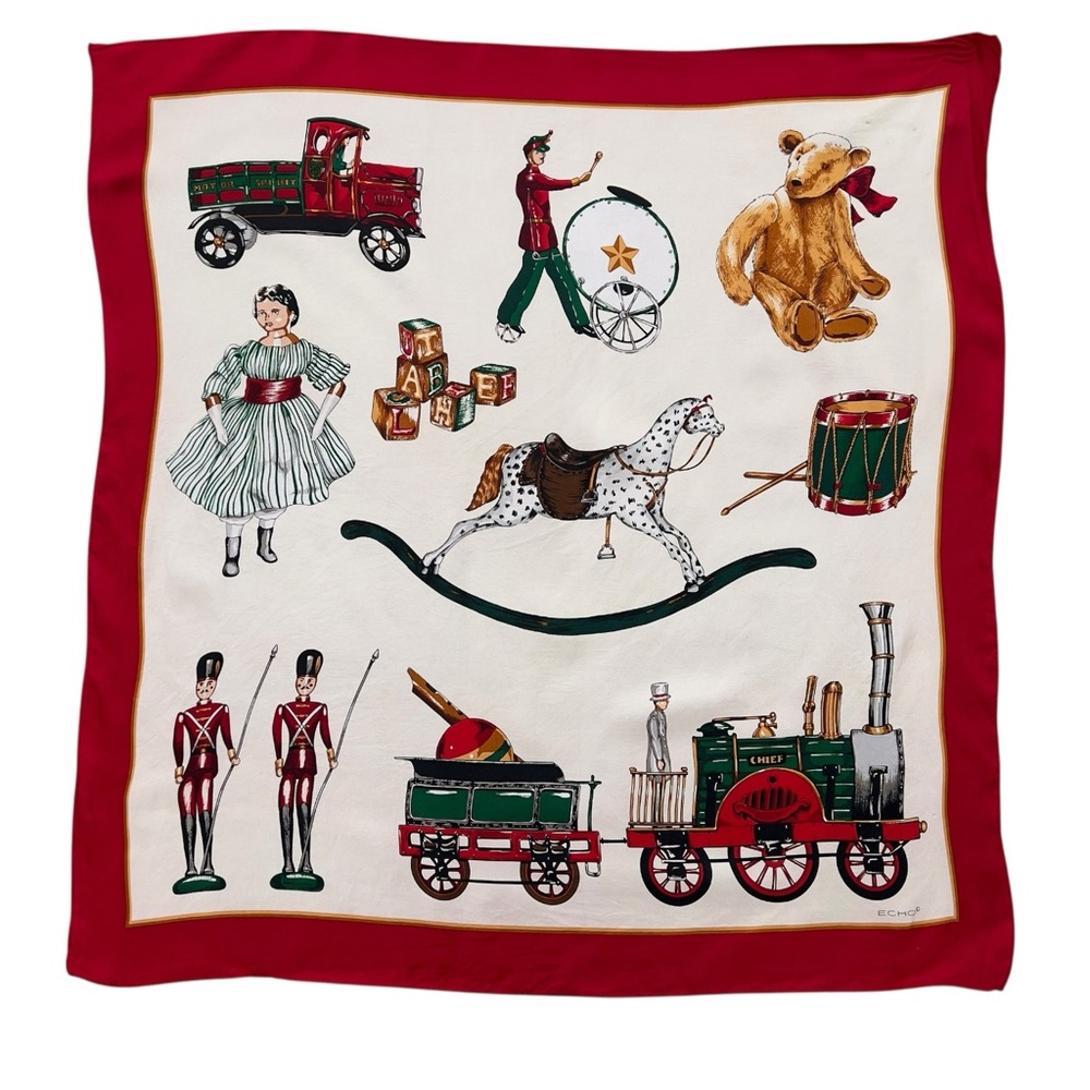 Vintage Echo Silk Scarf Christmas Toys Train Teddy Bear Rocking Horse Red Border - Picture 5 of 13